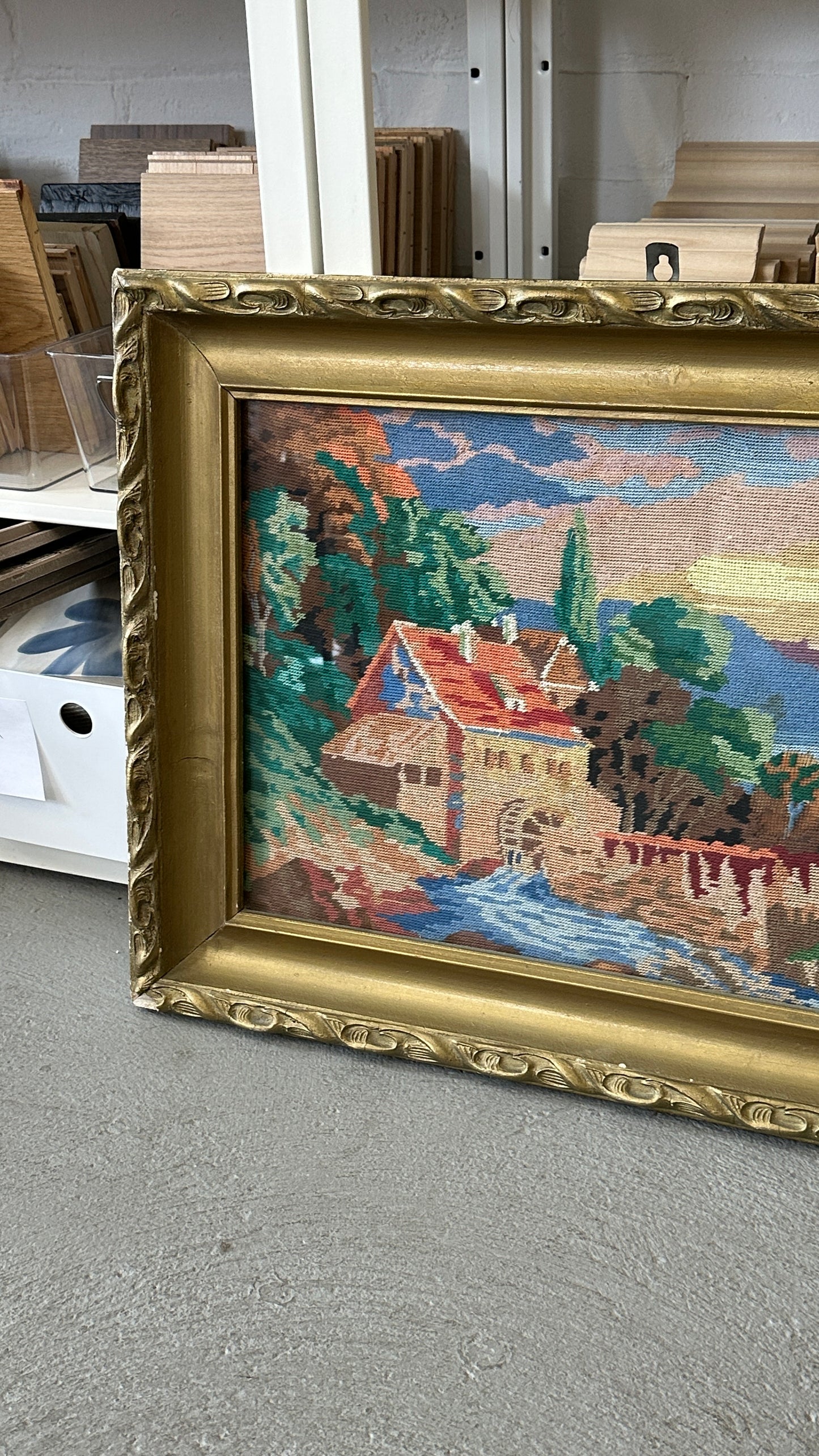 Framed Needlepoint of Old Mill