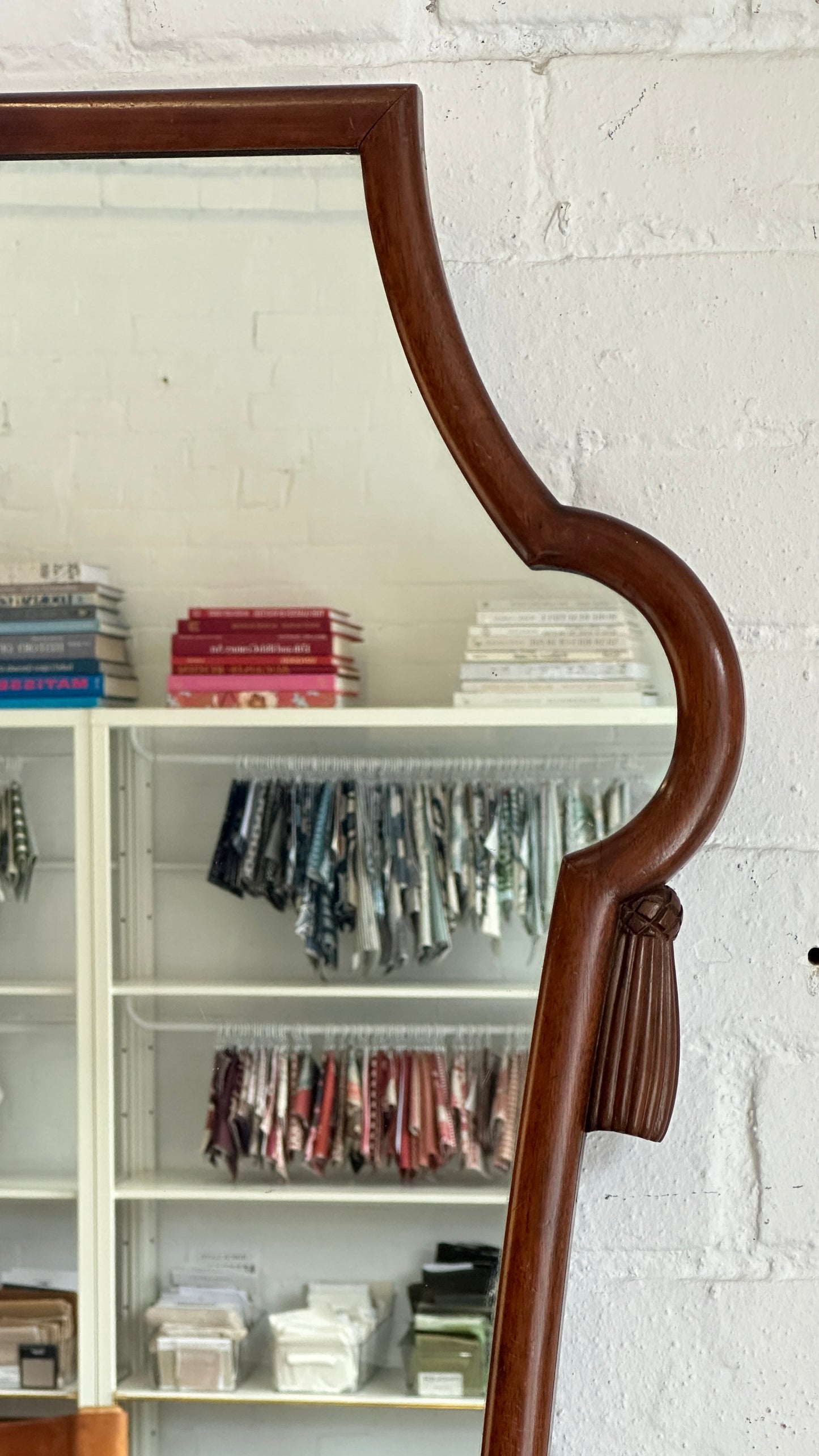 Antique Wood Framed Mirror with Carved Wooden Tassels