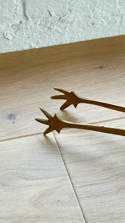 Vintage Etched Brass Clawfoot Sugar Cube Tongs with Attached Serving Bell