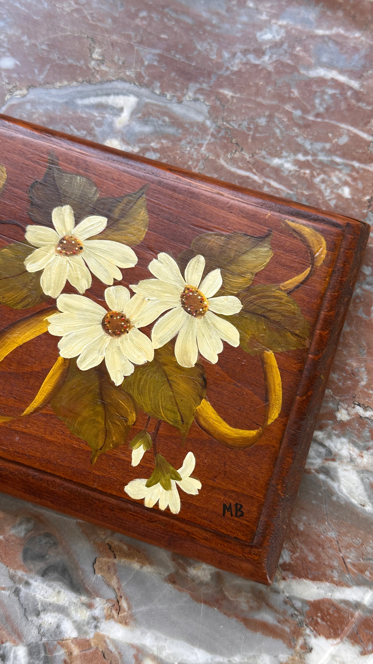Vintage Hand Painted Floral Wooden Block