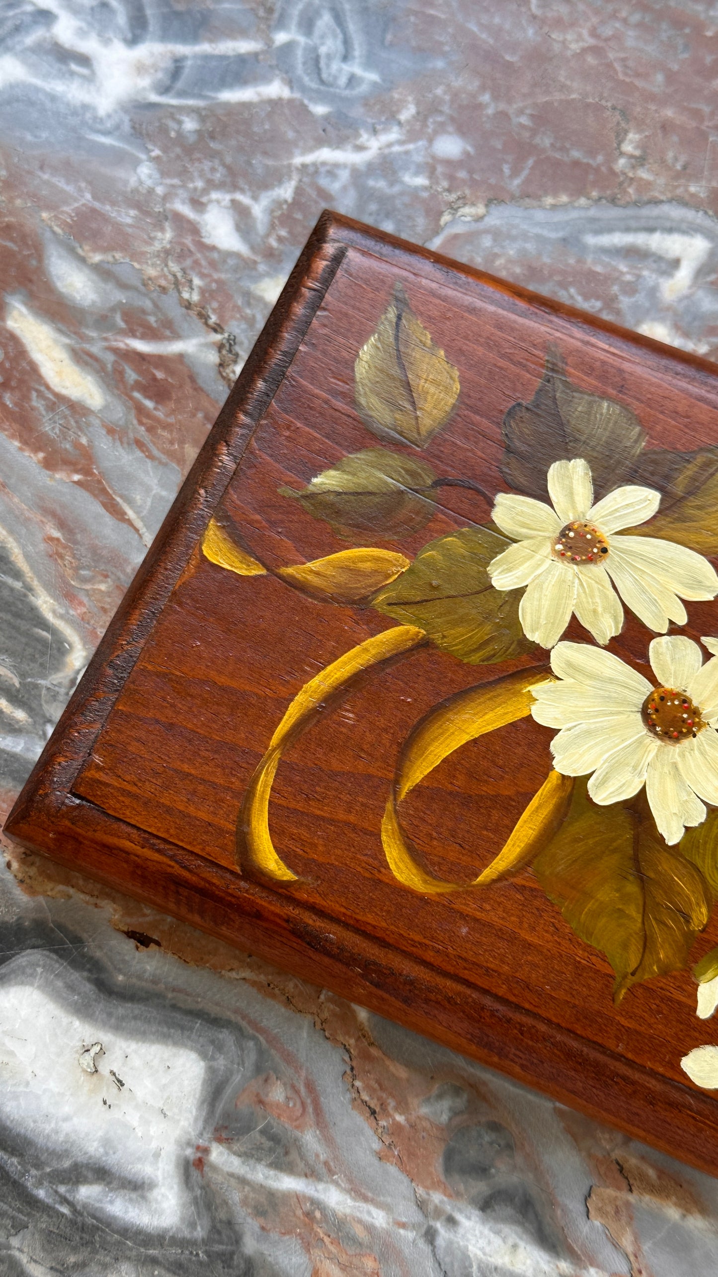 Vintage Hand Painted Floral Wooden Block