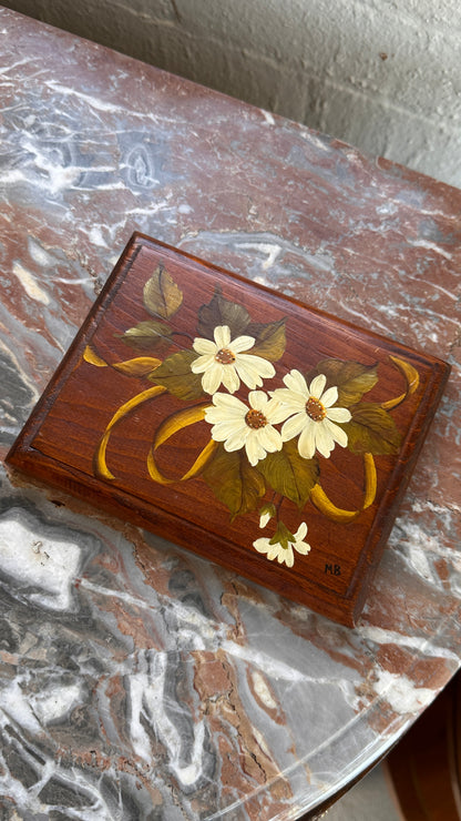 Vintage Hand Painted Floral Wooden Block