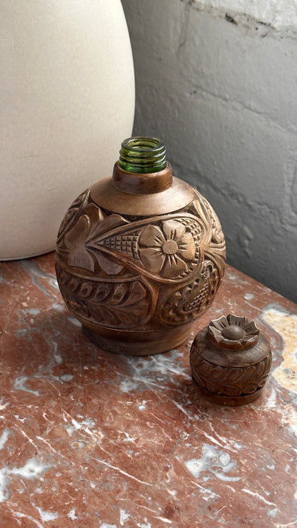 Vintage Carved Wooden Liquor Bottle