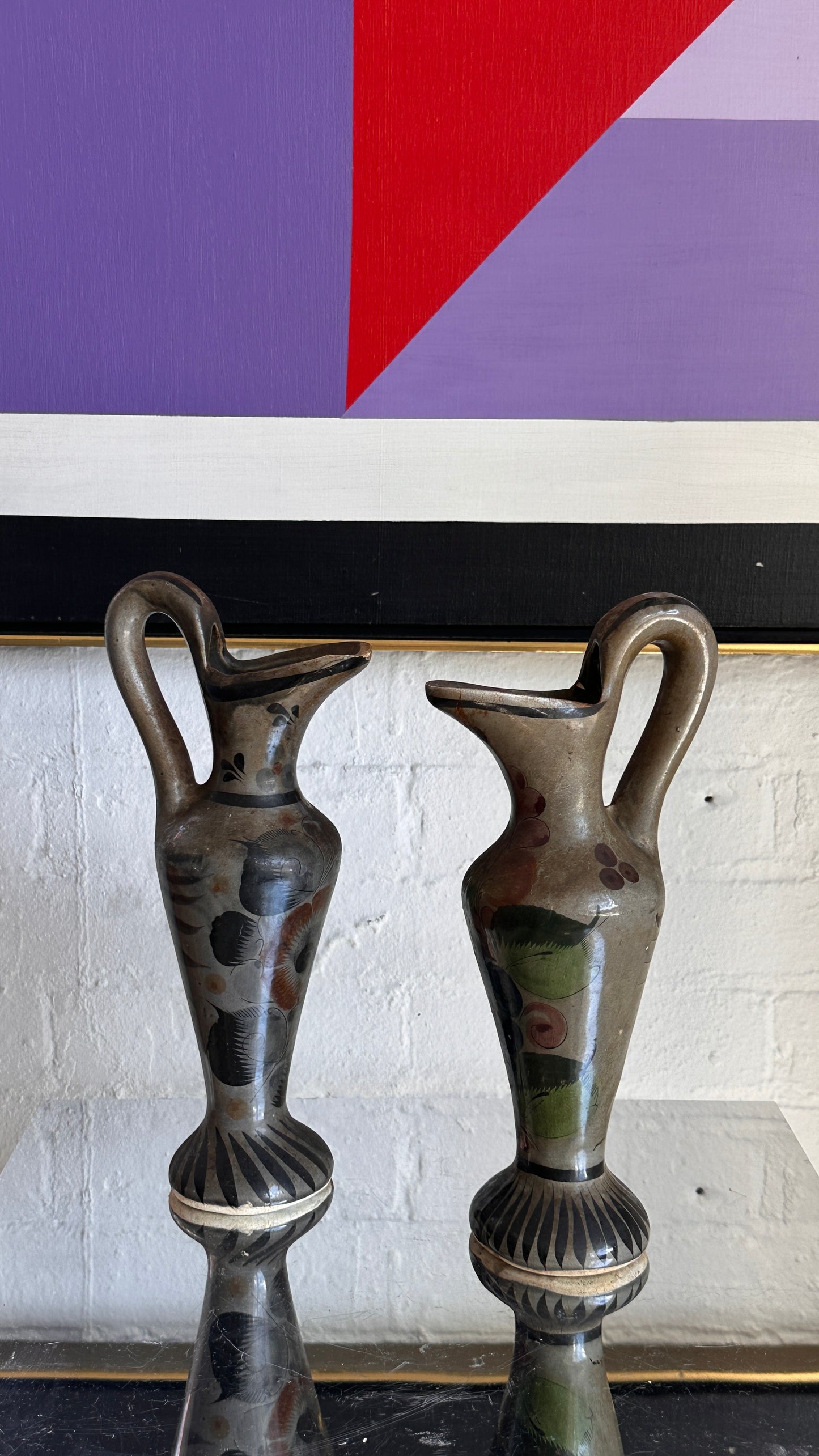 Pair of Hand Painted Mexican Folk Art Pitchers