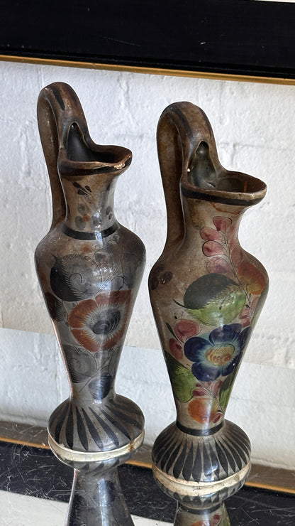 Pair of Hand Painted Mexican Folk Art Pitchers