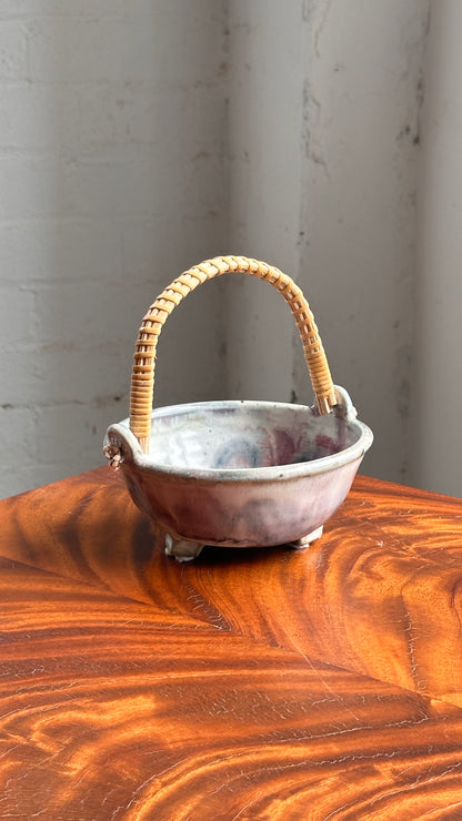 Footed Ceramic Bowl with Woven Handle