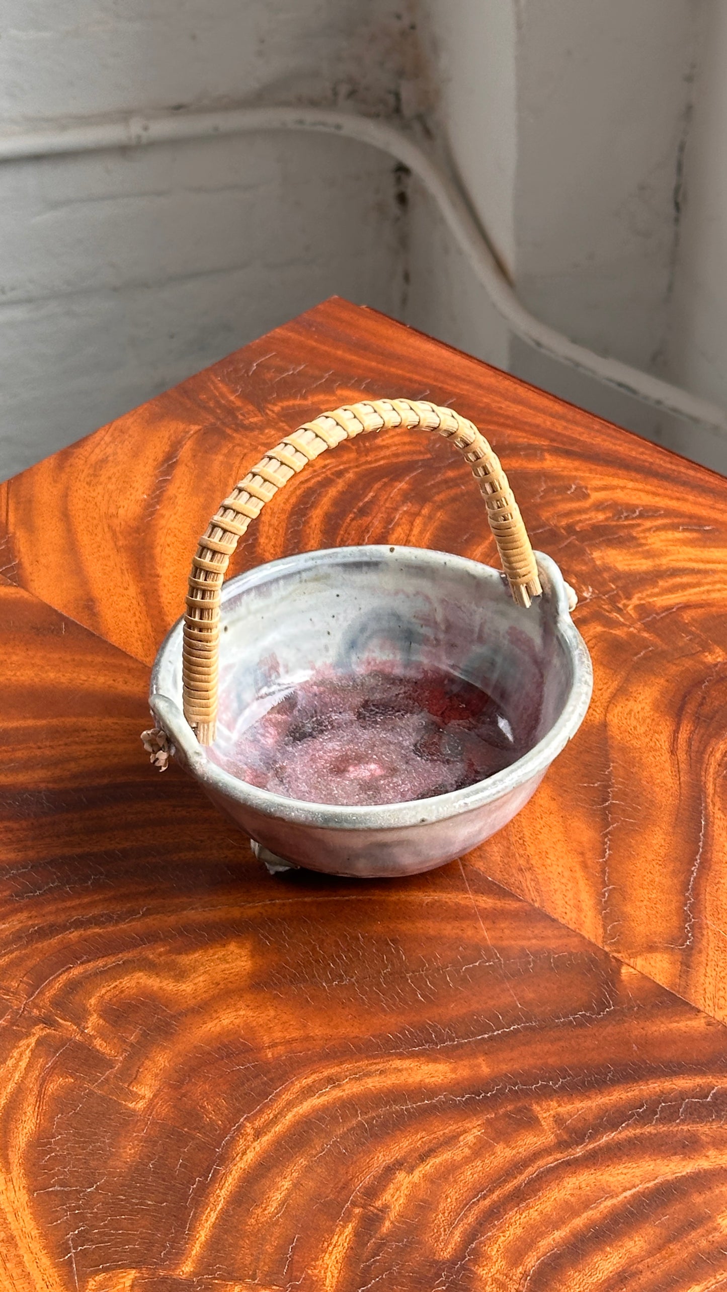 Footed Ceramic Bowl with Woven Handle