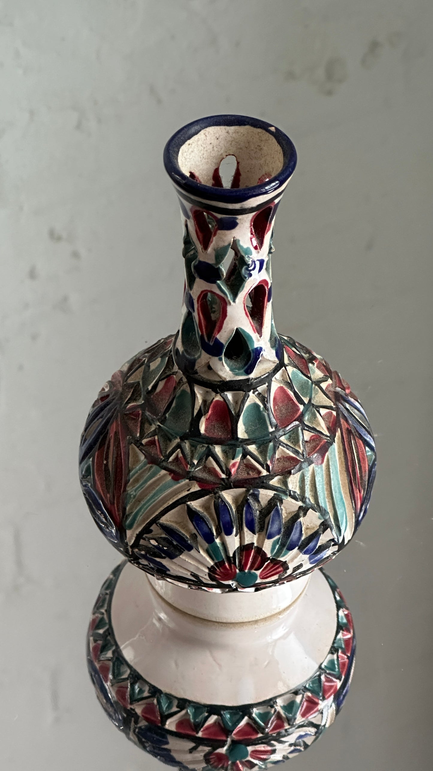 Vintage Hand Painted Tunisian Reticulated Ceramic Vase