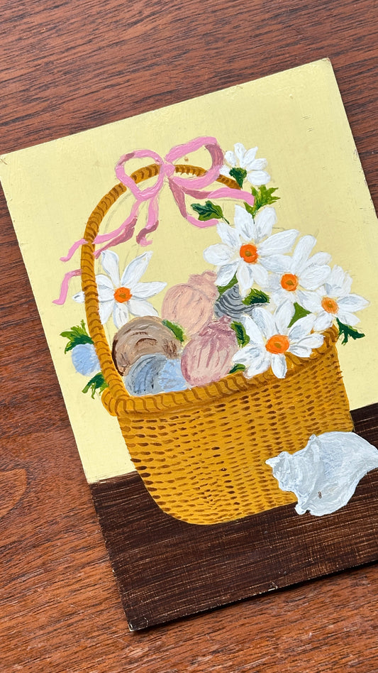 Small Painting on Board of Basket and Kitten