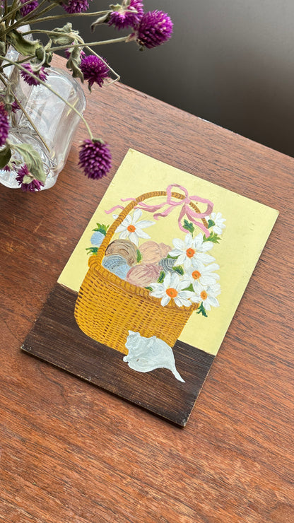 Small Painting on Board of Basket and Kitten