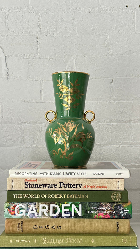 Vintage Green Ceramic Vase with Gold Leaf Floral Decoration