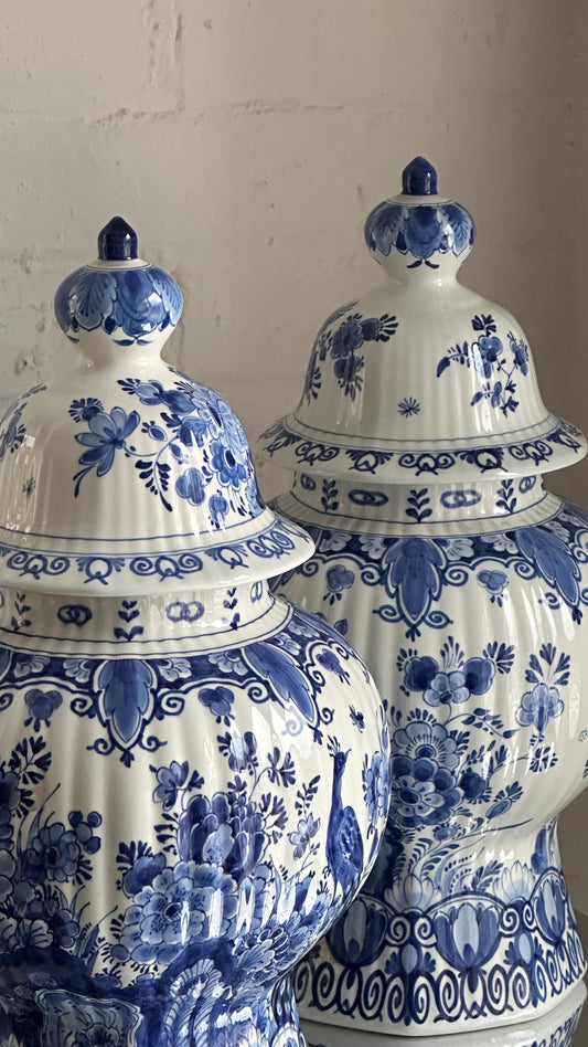 Large Pair of Dutch Royal Delft Lidded Jars