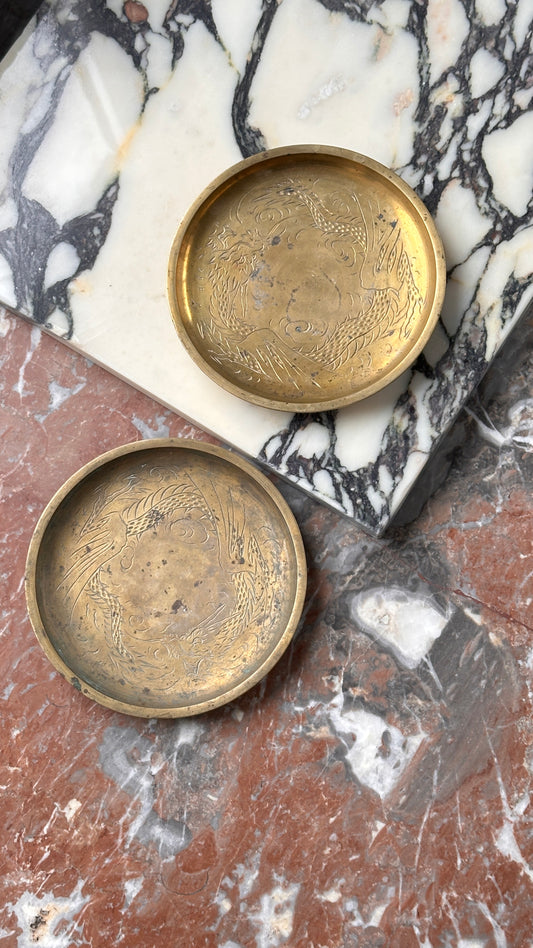 Pair of Vintage Engraved Brass Chinese Dishes