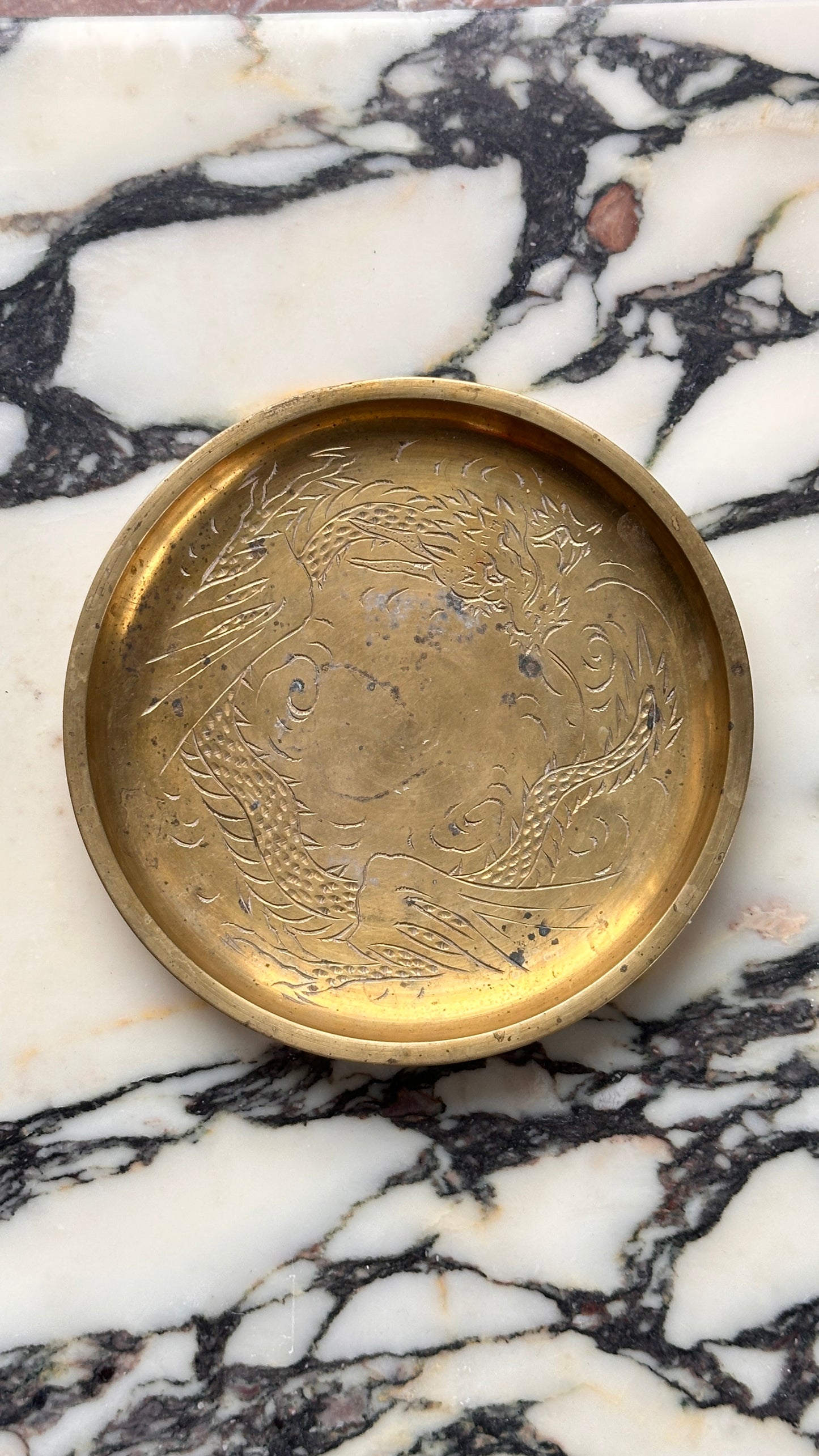 Pair of Vintage Engraved Brass Chinese Dishes