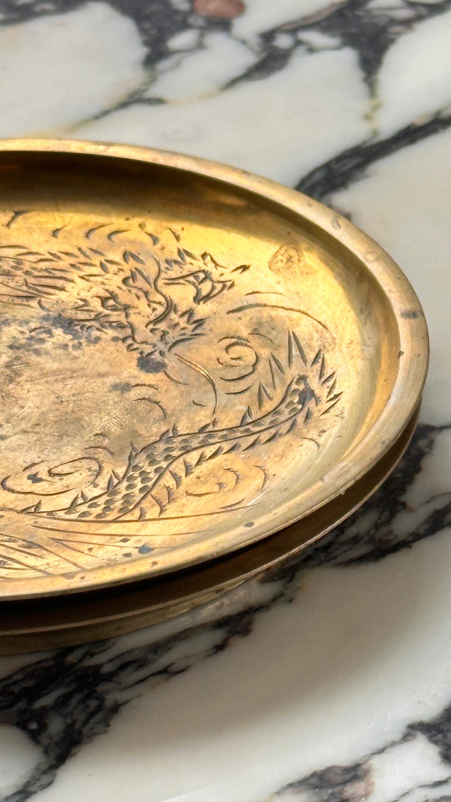 Pair of Vintage Engraved Brass Chinese Dishes