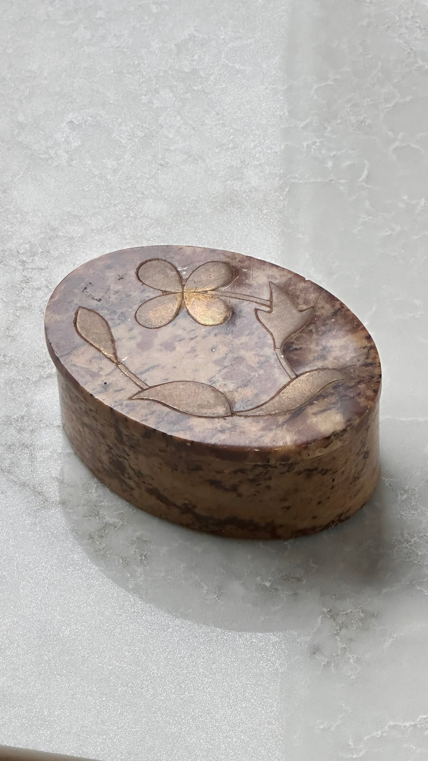 Small Indian Stone Trinket Box with Brass Floral Inlay