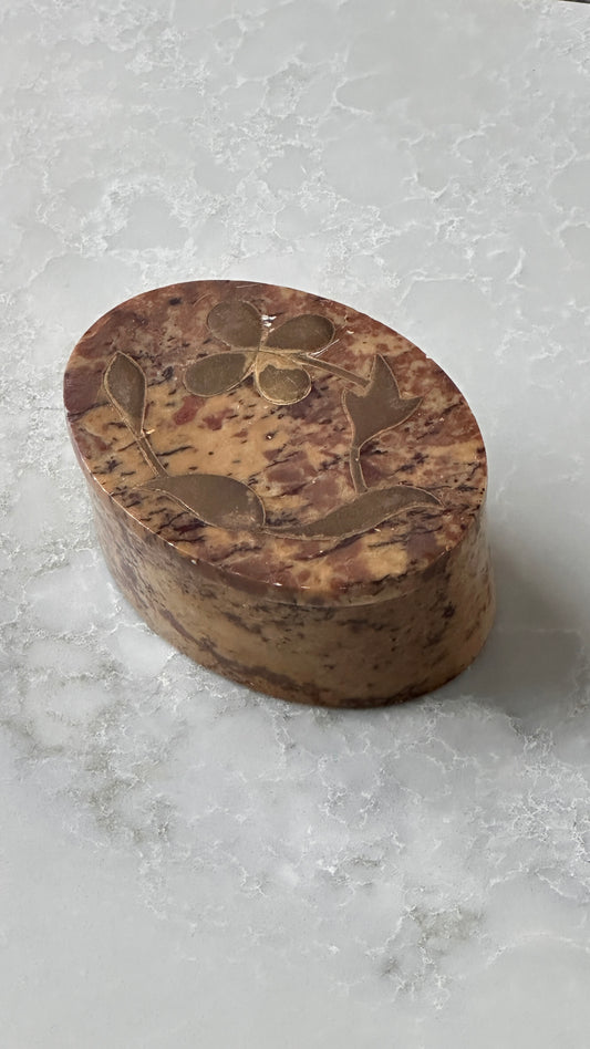Small Indian Stone Trinket Box with Brass Floral Inlay