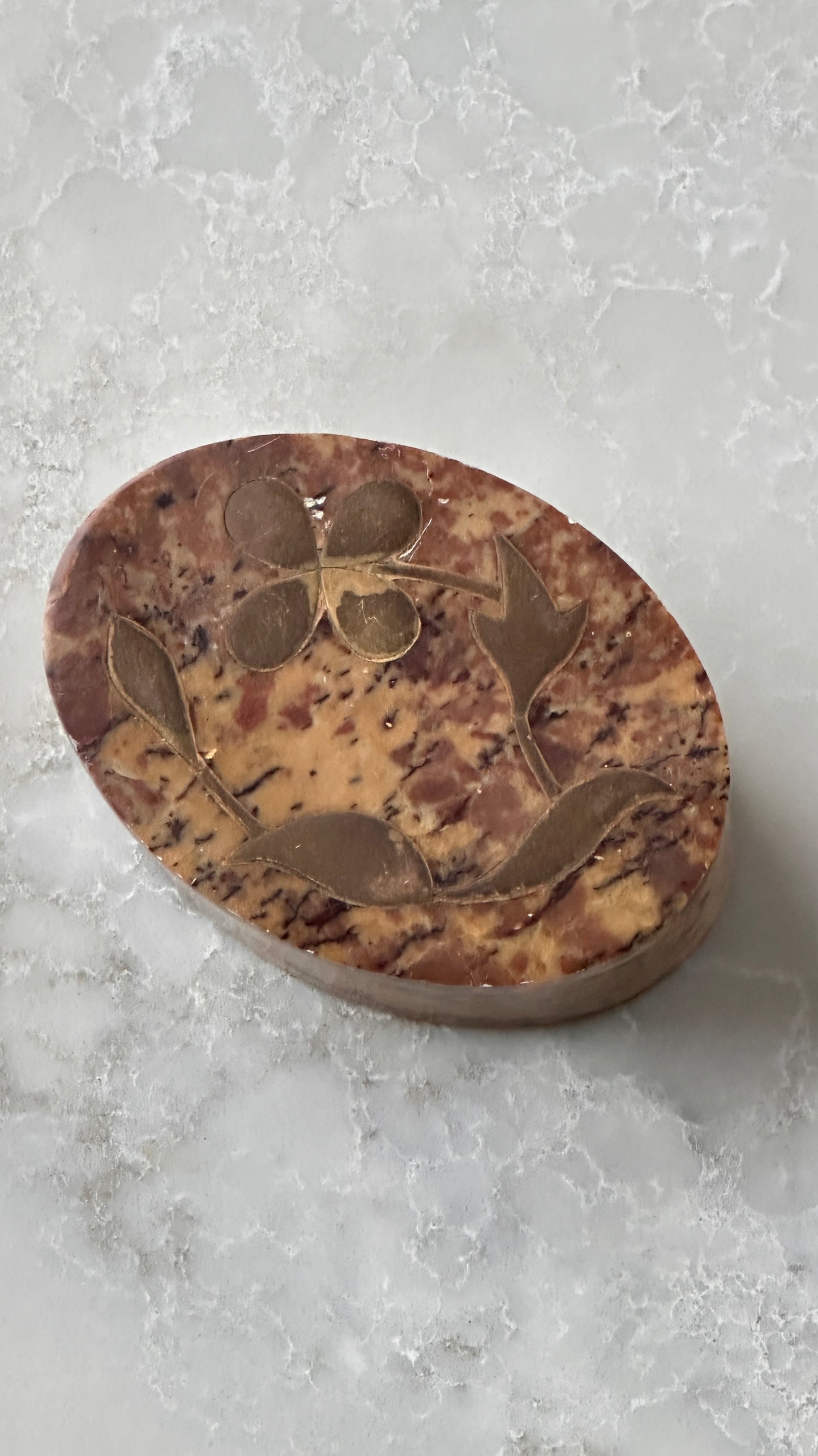Small Indian Stone Trinket Box with Brass Floral Inlay