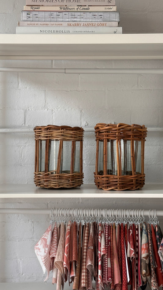 Pair of Contemporary Woven / Glass Candle Holders