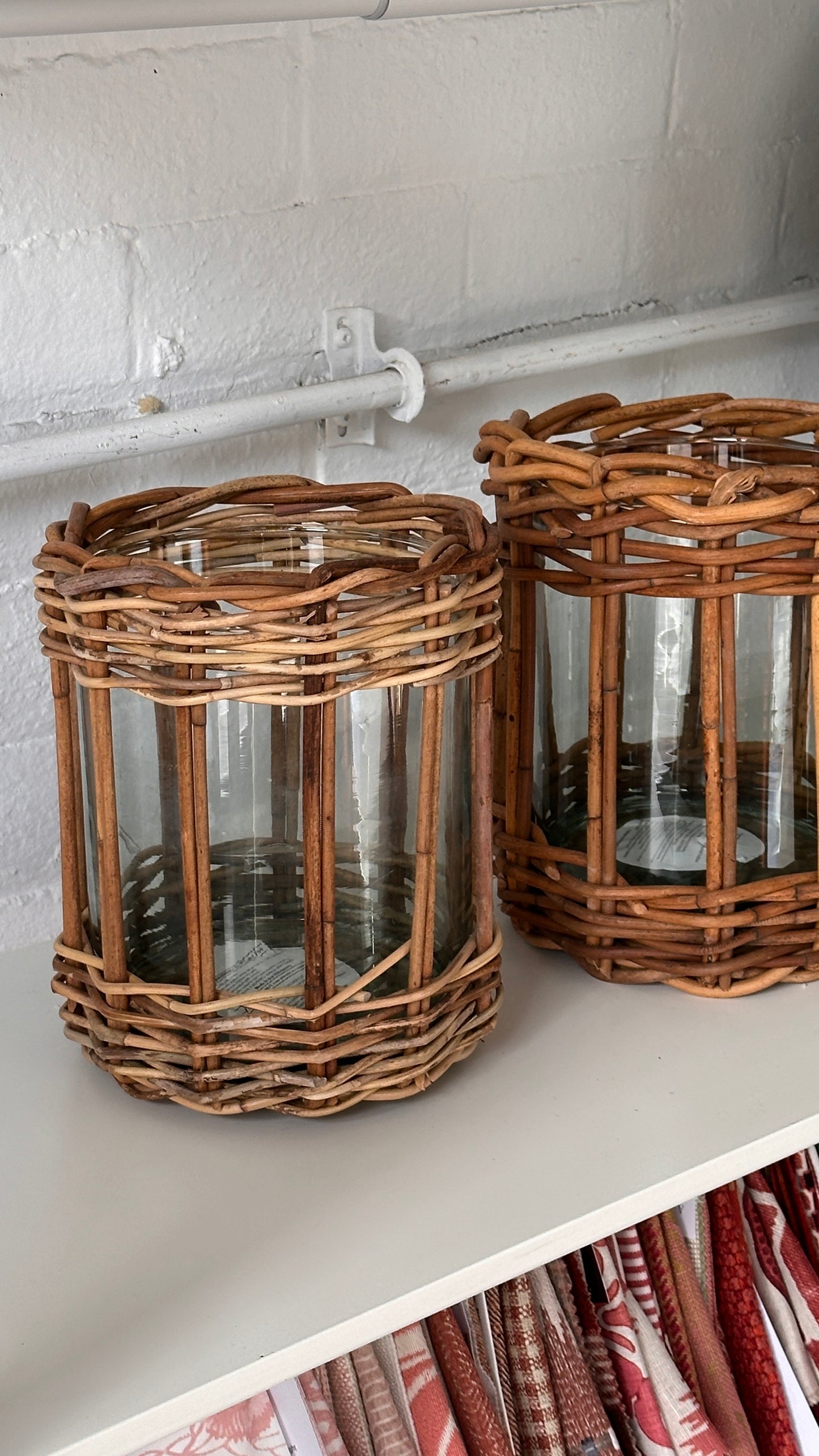 Pair of Contemporary Woven / Glass Candle Holders