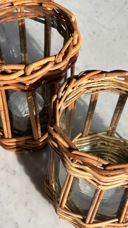 Pair of Contemporary Woven / Glass Candle Holders