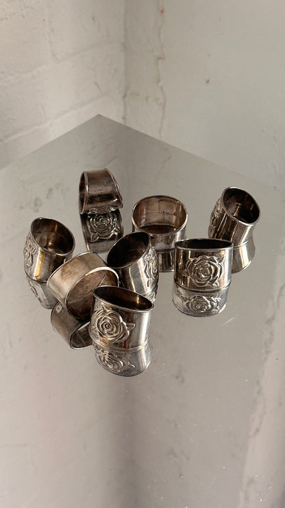 Set of 8 Silver Plated Rose Motif Napkin Rings