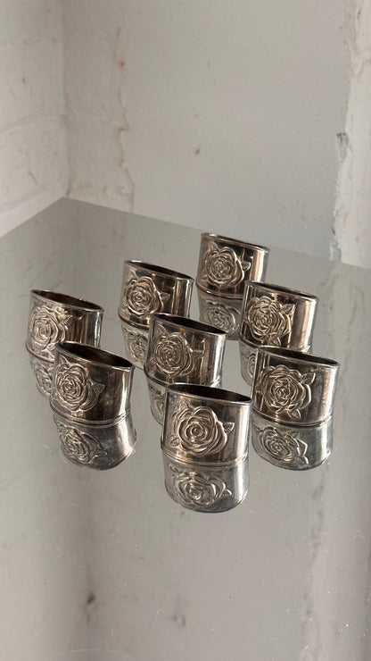 Set of 8 Silver Plated Rose Motif Napkin Rings