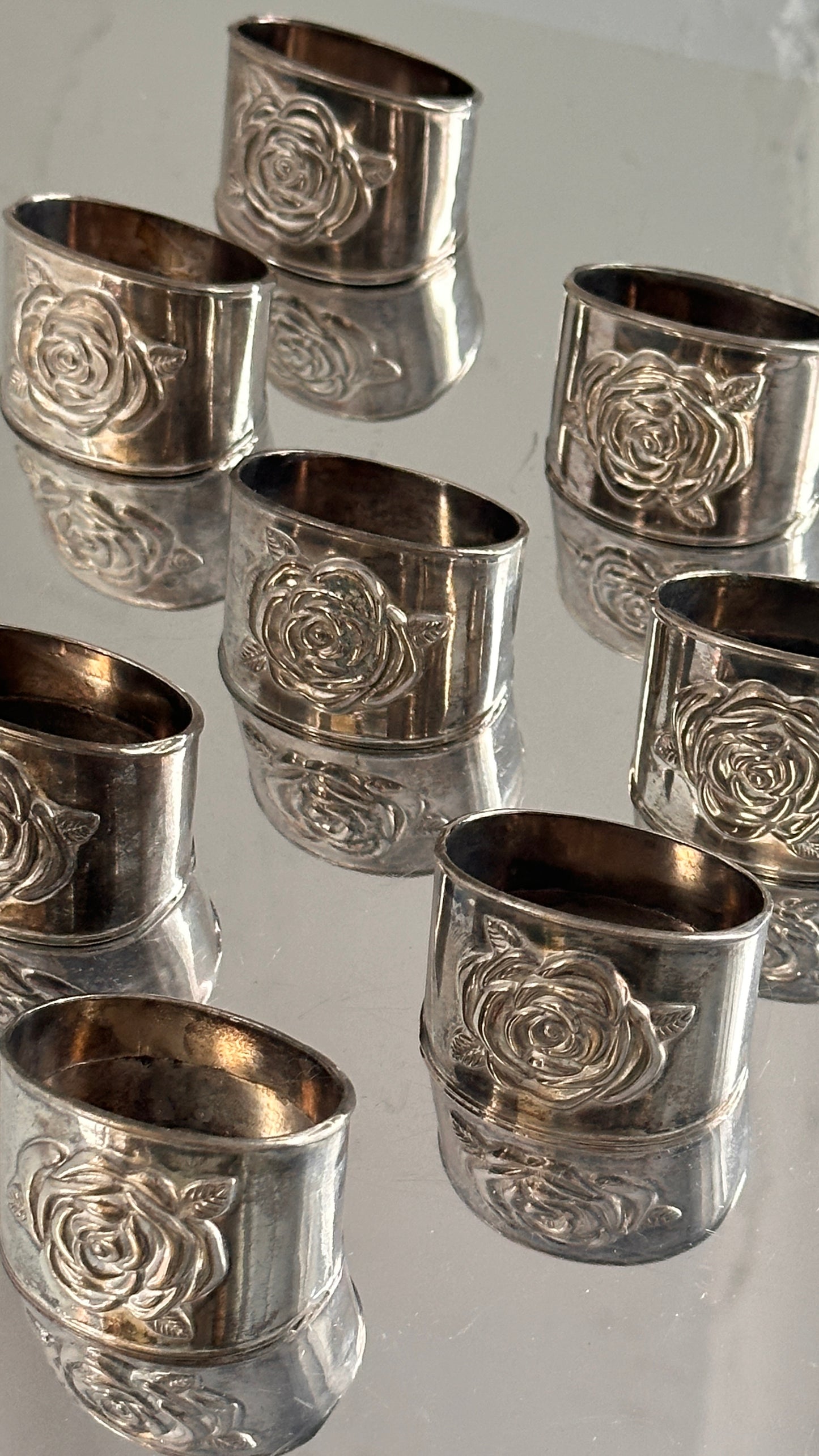 Set of 8 Silver Plated Rose Motif Napkin Rings