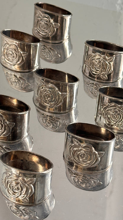 Set of 8 Silver Plated Rose Motif Napkin Rings