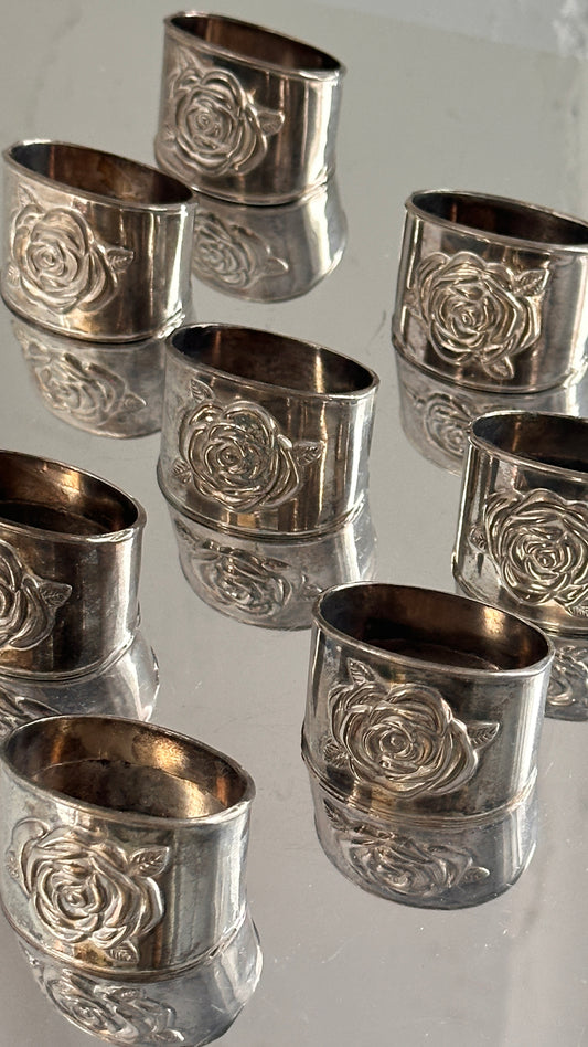 Set of 8 Silver Plated Rose Motif Napkin Rings
