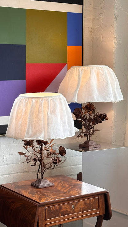Pair of Antique Wrought Iron Floral Lamps with Custom Ruffle Shades