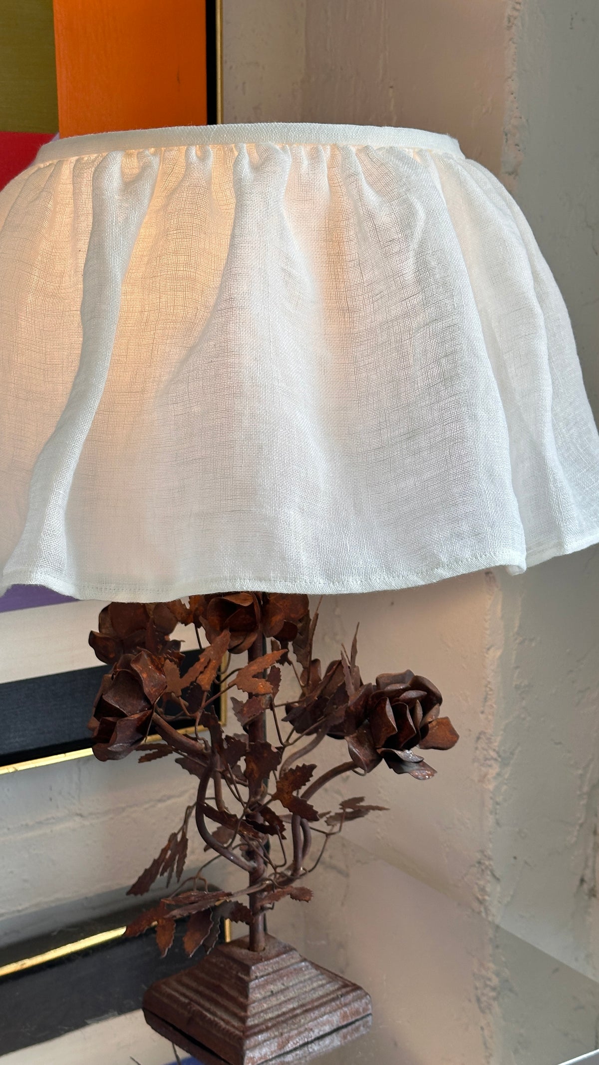 Pair of Antique Wrought Iron Floral Lamps with Custom Ruffle Shades
