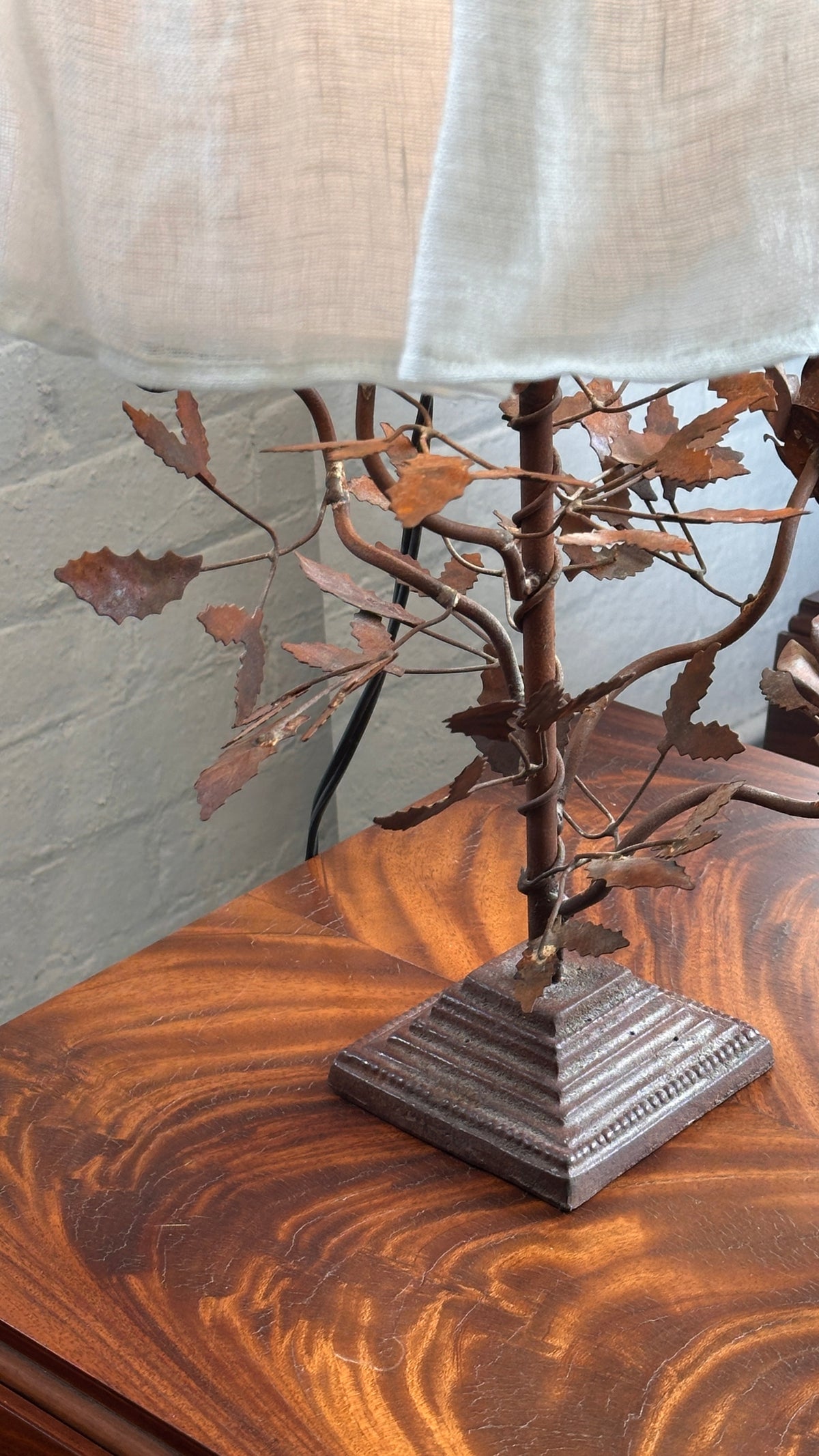 Pair of Antique Wrought Iron Floral Lamps with Custom Ruffle Shades