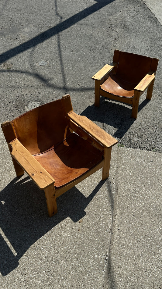 'Natura' Pine & Leather Lounge Chairs