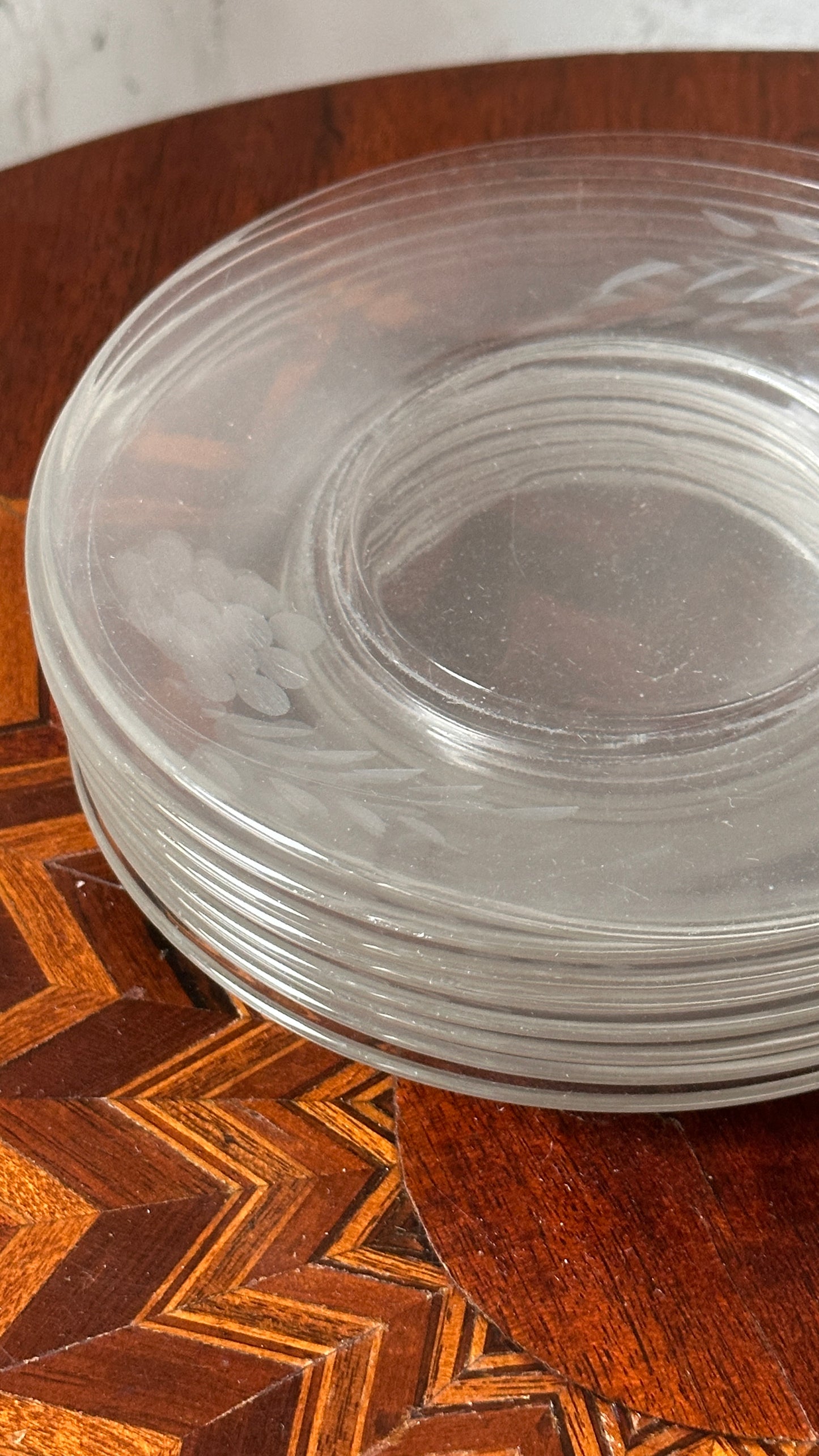 Set of 8 Vintage Etched Glass Saucers / Side Plates