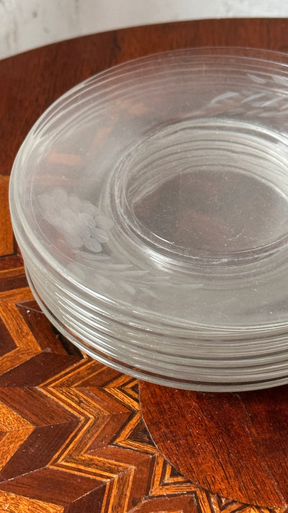 Set of 8 Vintage Etched Glass Saucers / Side Plates