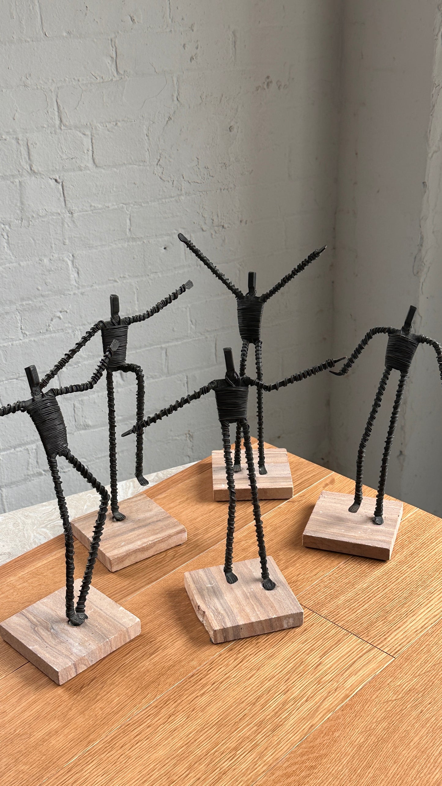 Set of 5 Wire Figure Sculptures on Stone Base