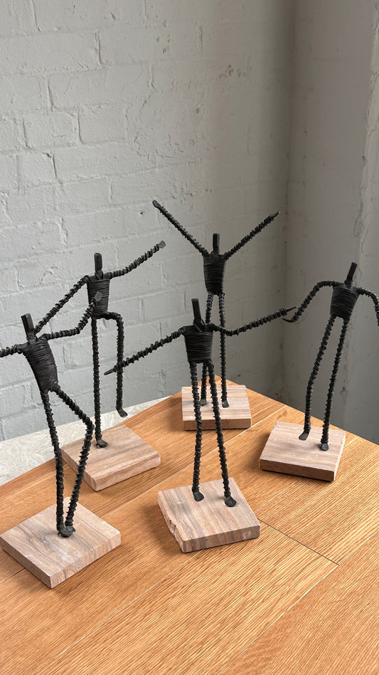 Set of 5 Wire Figure Sculptures on Stone Base