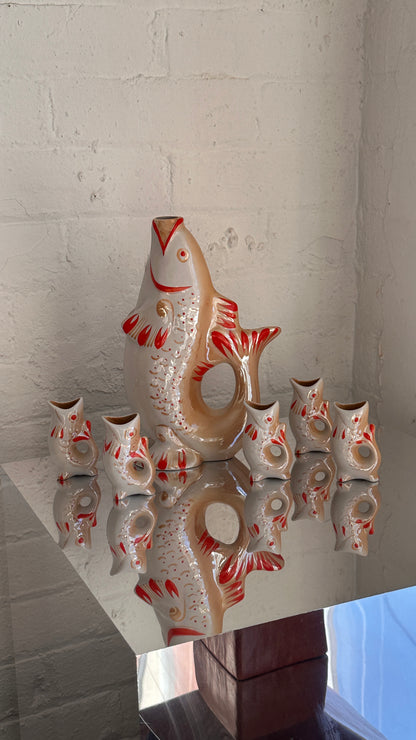 Soviet Hand Painted Porcelain 'Carp Family' Decanter Set