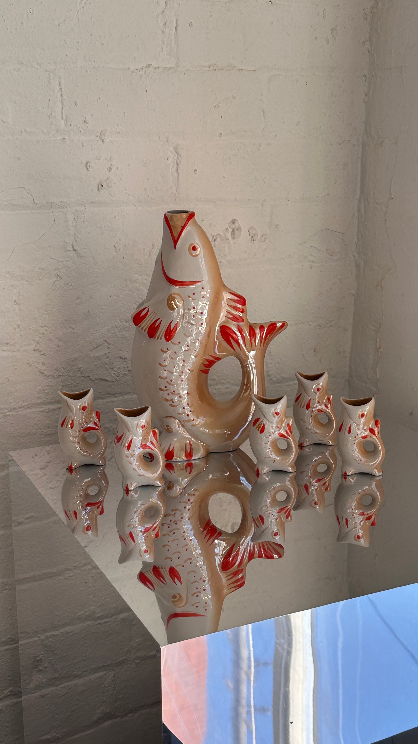Soviet Hand Painted Porcelain 'Carp Family' Decanter Set