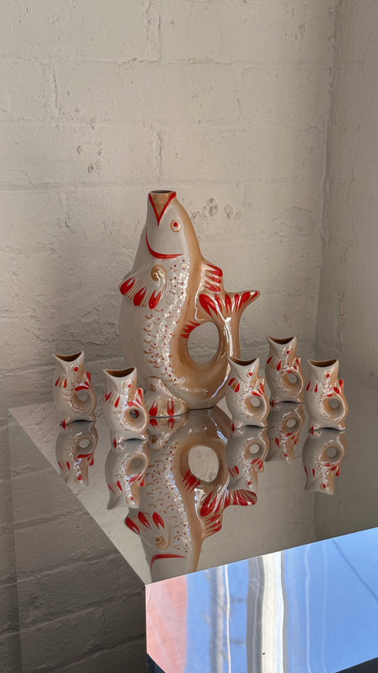Soviet Hand Painted Porcelain 'Carp Family' Decanter Set