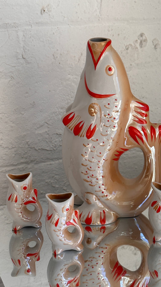 Soviet Hand Painted Porcelain 'Carp Family' Decanter Set