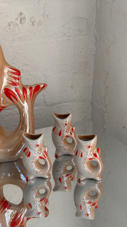 Soviet Hand Painted Porcelain 'Carp Family' Decanter Set