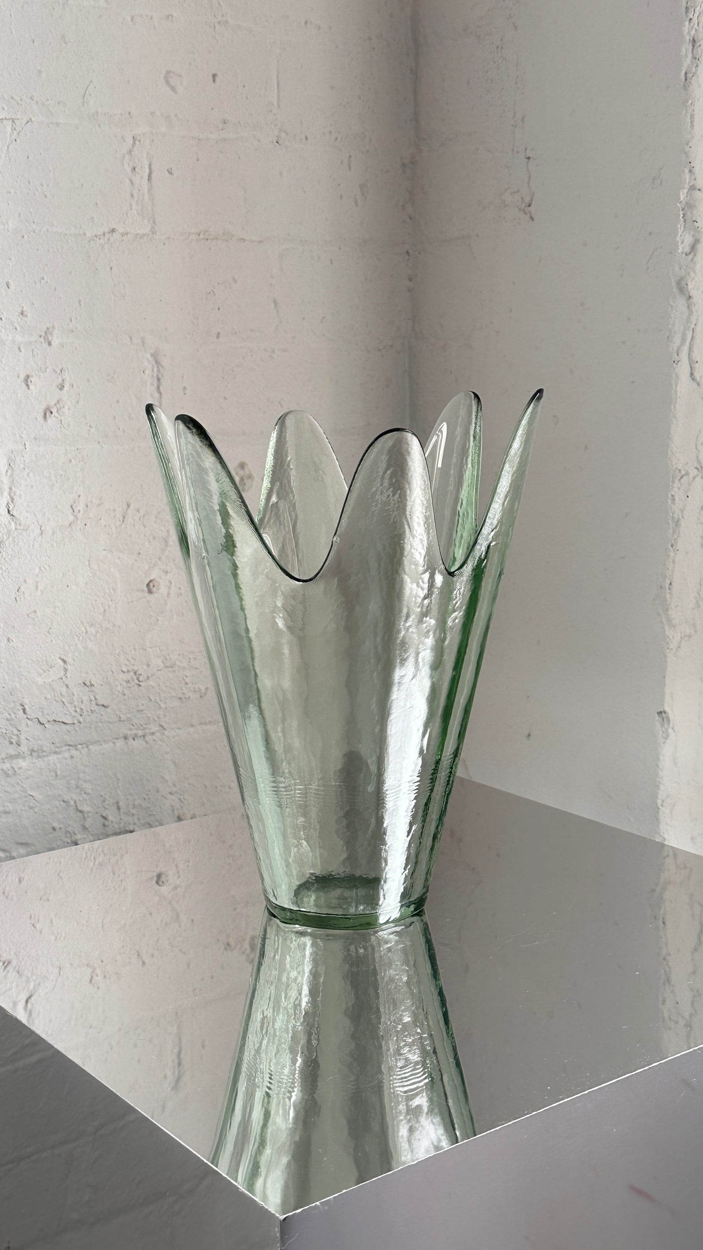 Vintage Lotus Shaped Green Art Glass Vase