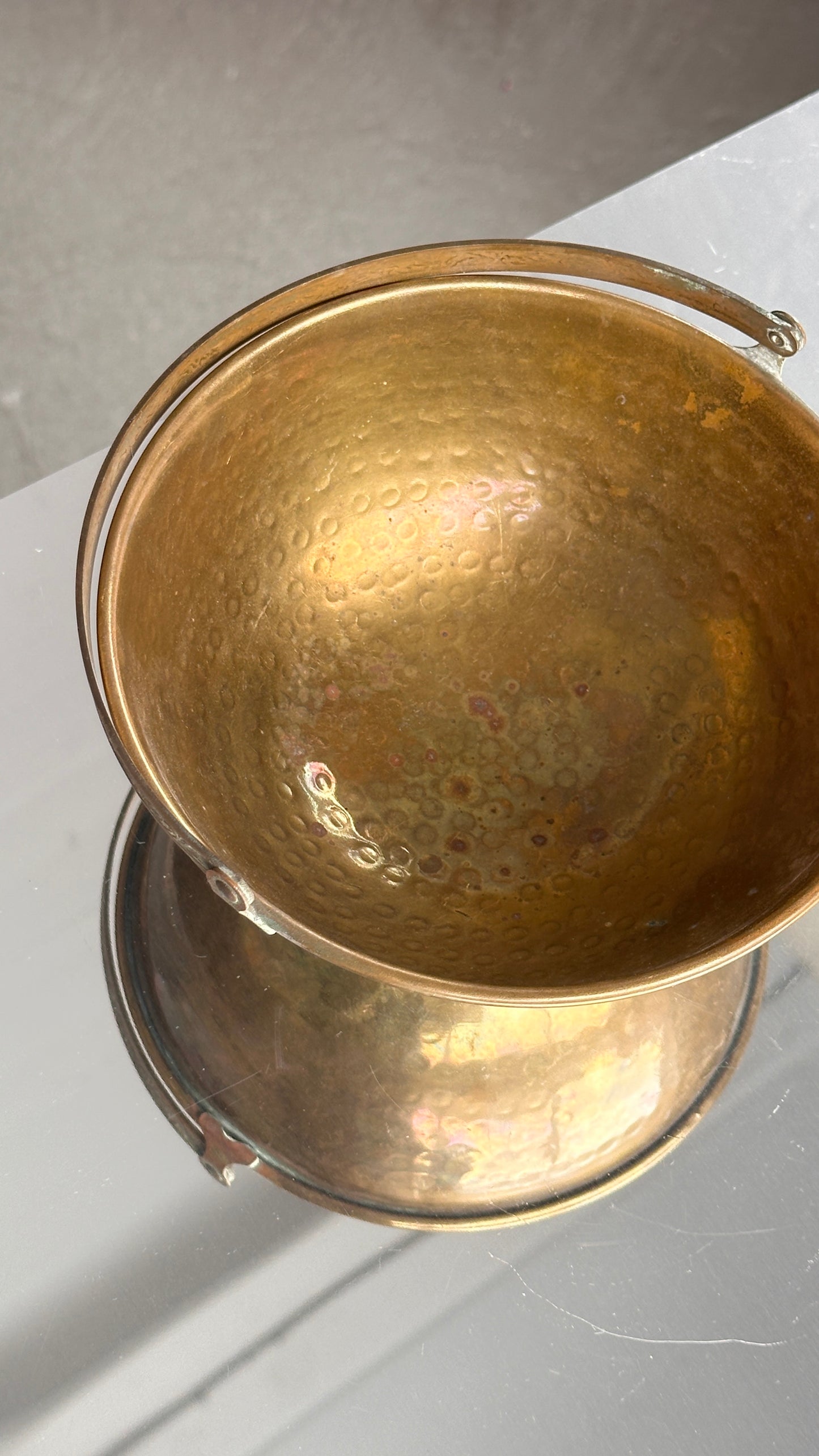 Hammered Brass Footed Bowl with Decorative Handle