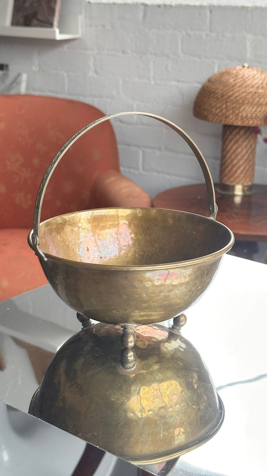 Hammered Brass Footed Bowl with Decorative Handle