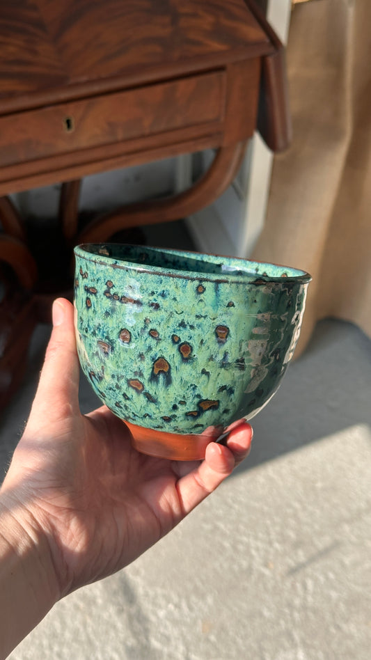 Turned Clay Bowl with Green Drip Glaze