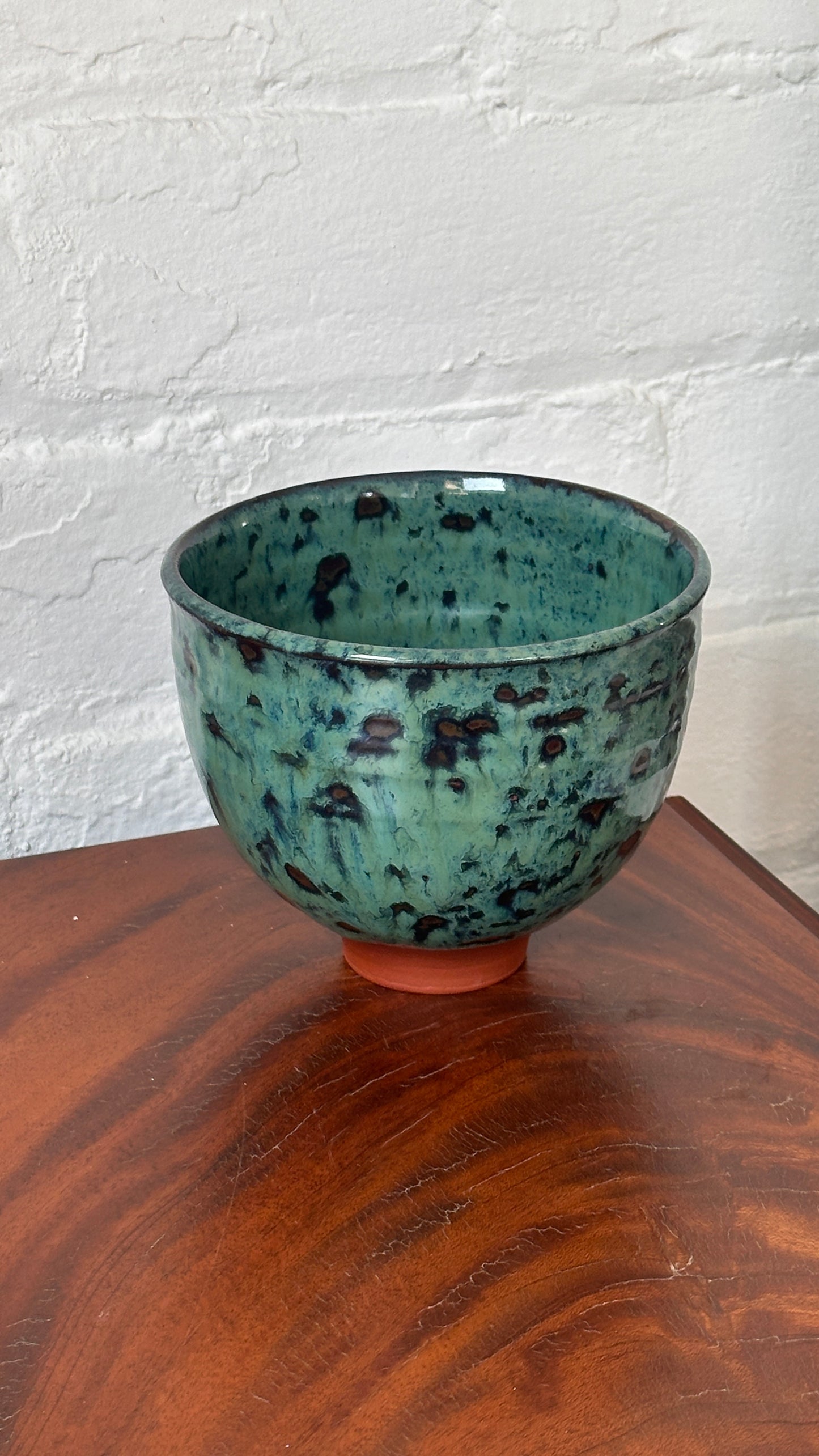 Turned Clay Bowl with Green Drip Glaze