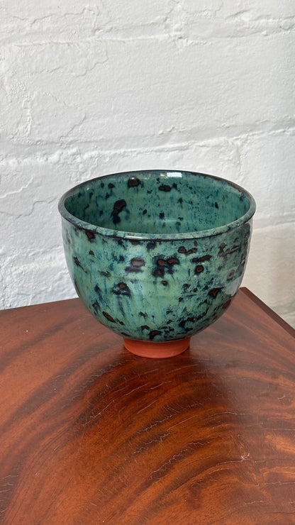 Turned Clay Bowl with Green Drip Glaze