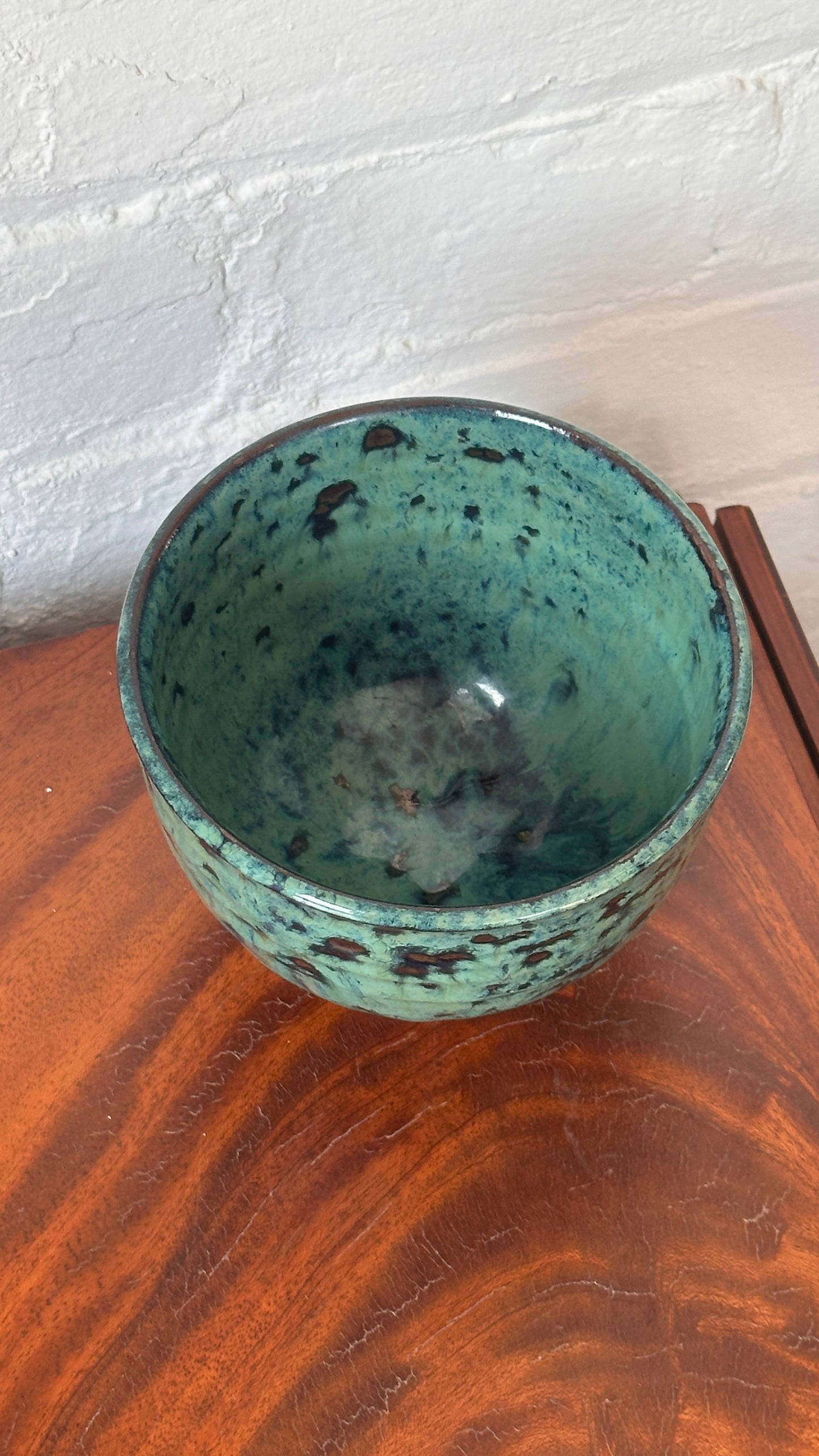 Turned Clay Bowl with Green Drip Glaze